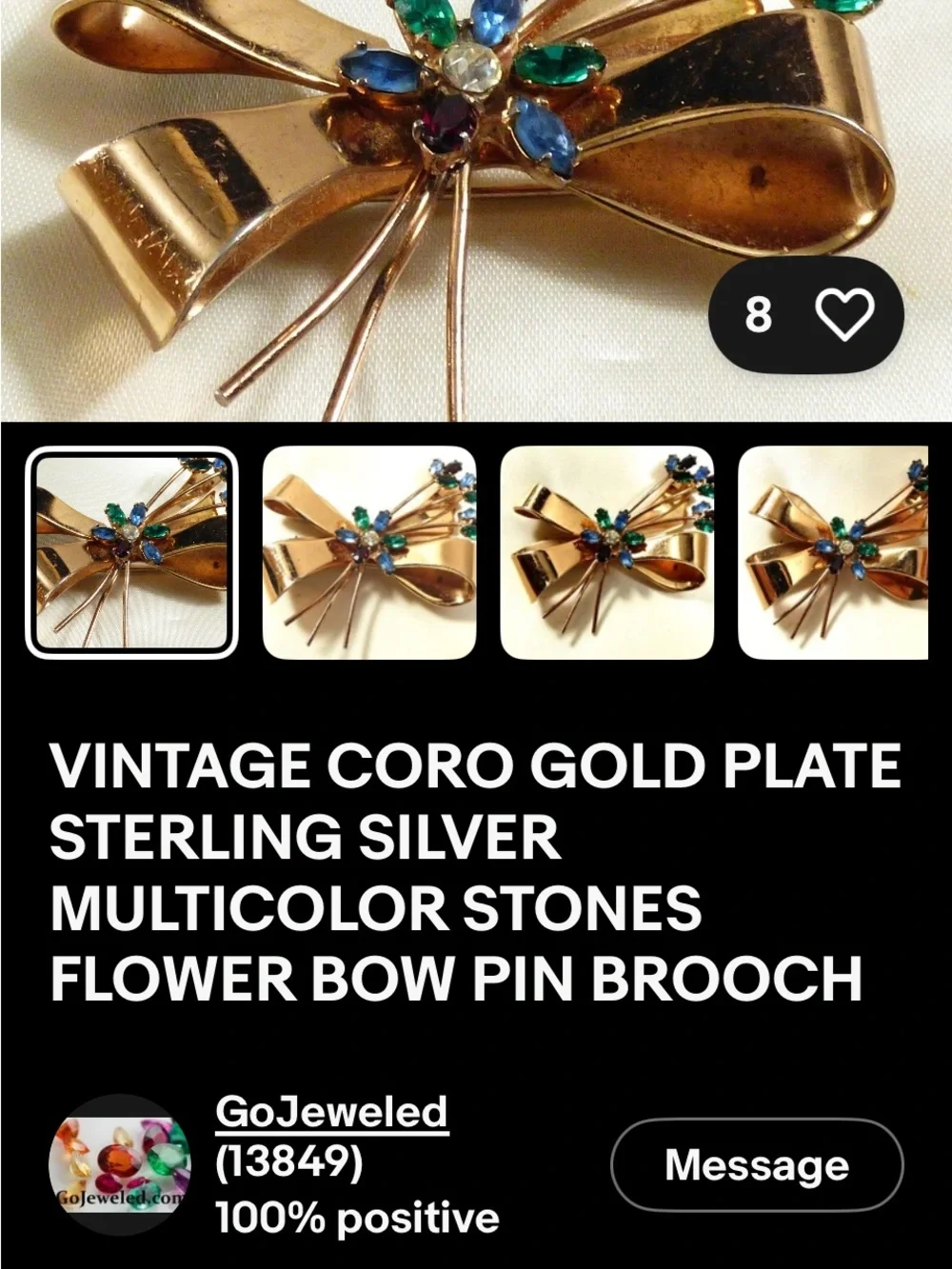 Coro Gold-Tone Bow Brooch with Blue, Green and Clear Stones